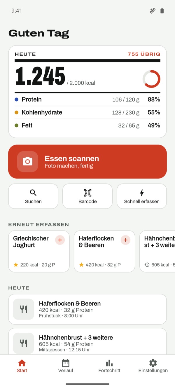 Heute-Ansicht mit Kalorien und Makros