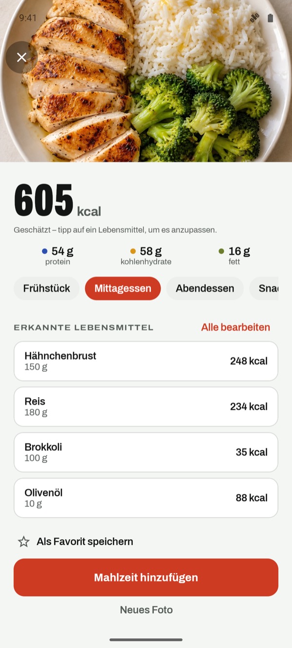 Schätzung aus einem Foto: 605 kcal mit 54 g Eiweiß, 58 g Kohlenhydraten und 16 g Fett