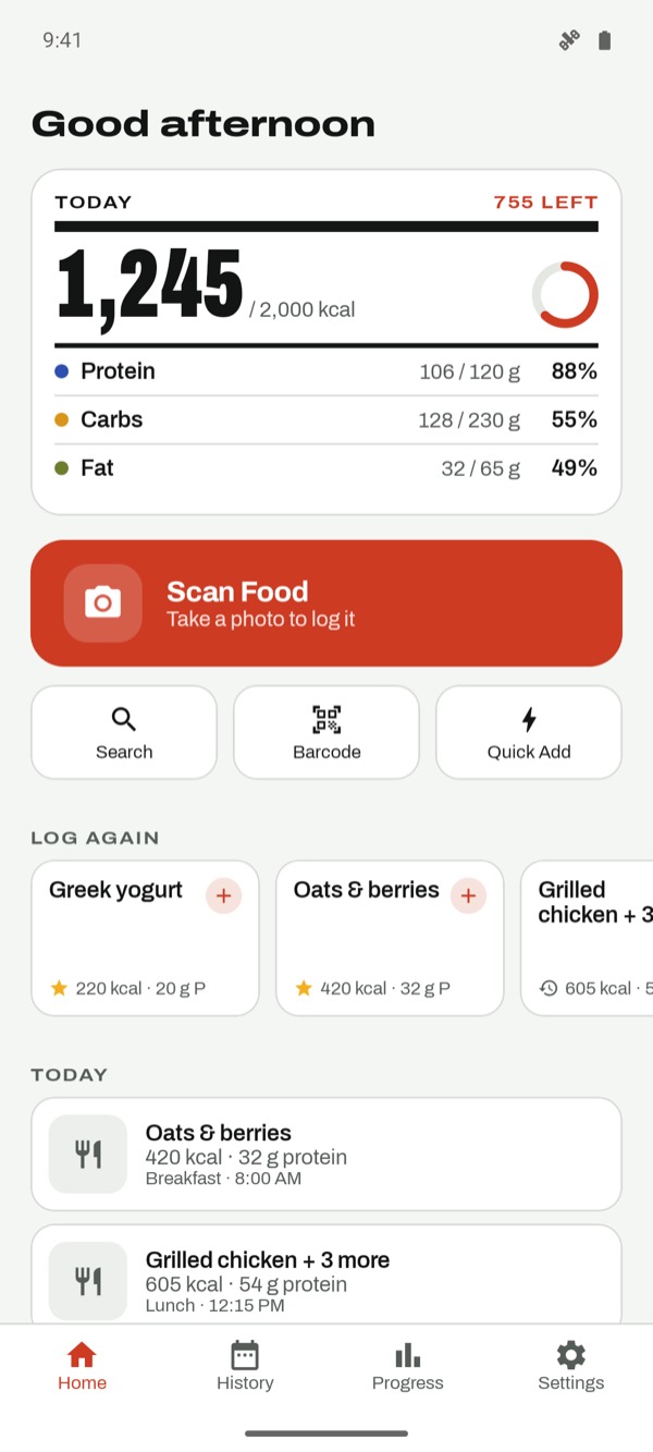 Today screen with 1,245 of 2,000 kcal eaten and protein, carbs and fat progress