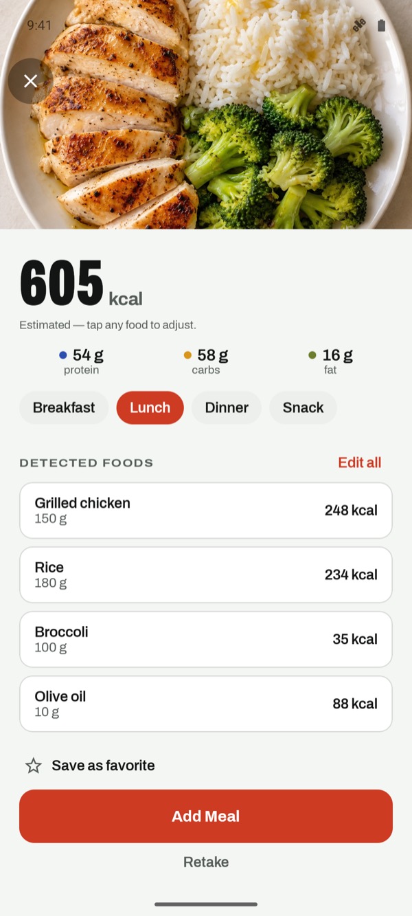 C for Calories showing 605 kcal, 54 g protein, 58 g carbs and 16 g fat estimated from a photo of chicken, rice and broccoli