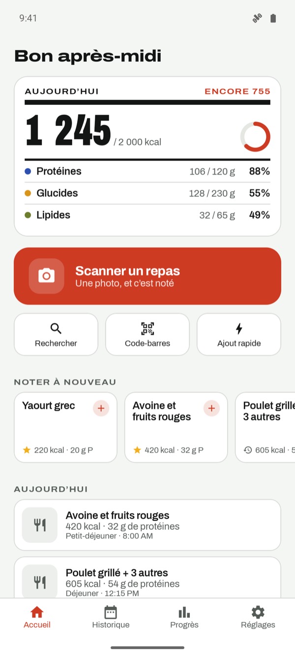 Écran du jour avec calories et macros