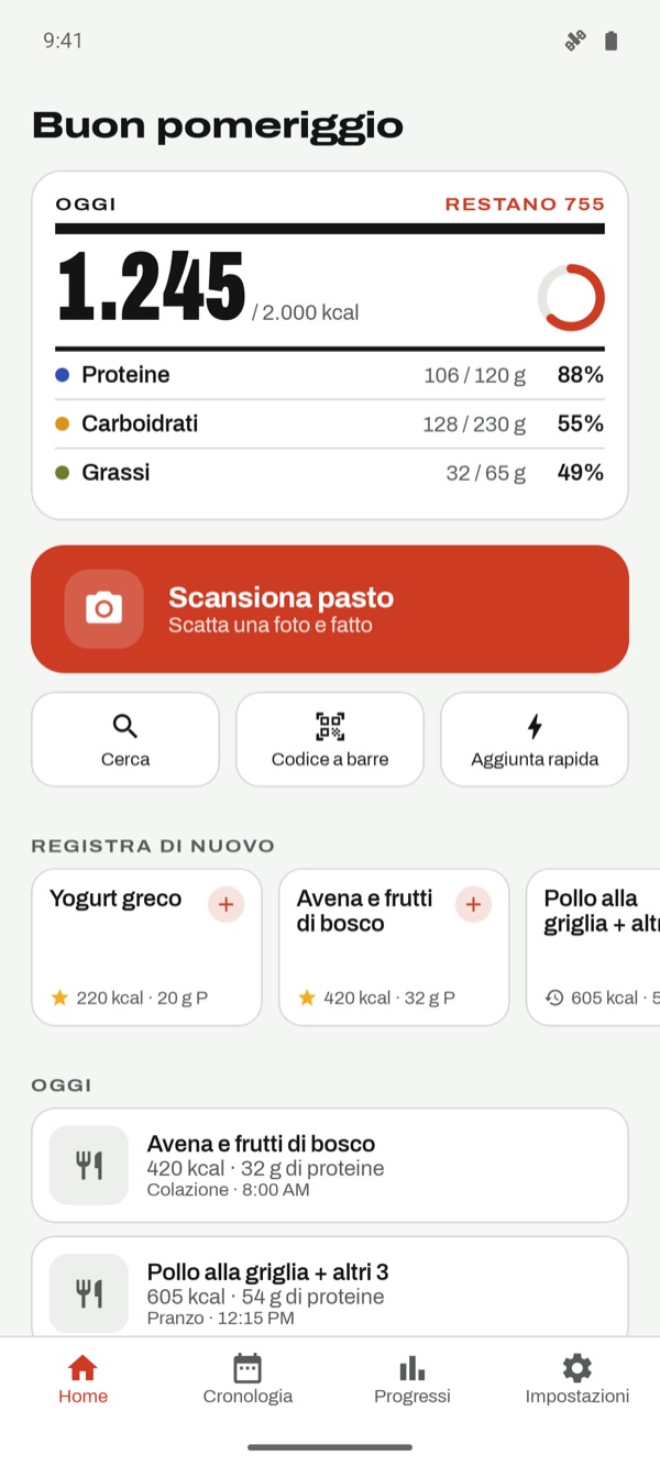 Schermata di oggi con calorie e macro