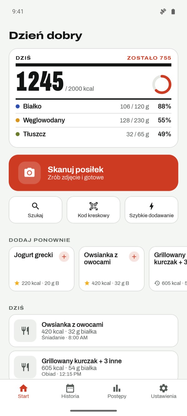 Ekran dnia z kaloriami i makro
