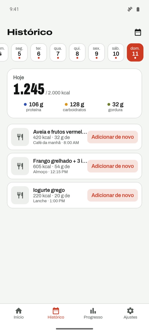 Histórico em calendário