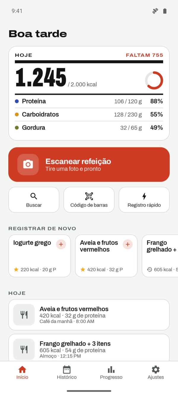 Tela de hoje com calorias e macros