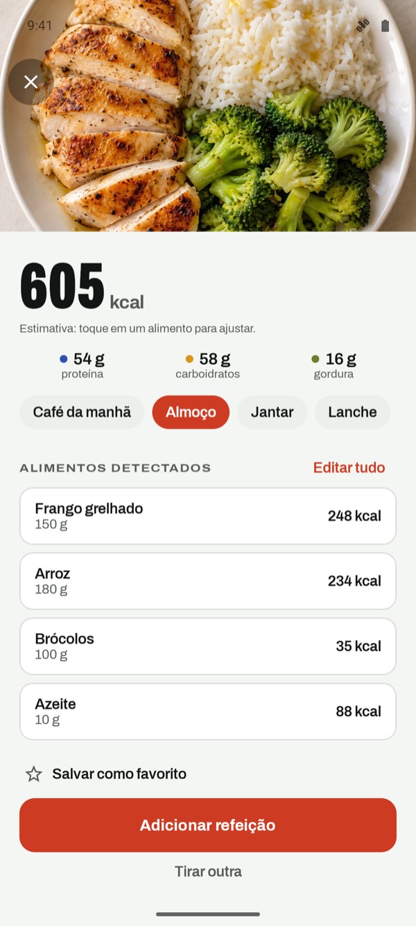Estimativa por foto: 605 kcal com 54 g de proteínas, 58 g de carboidratos e 16 g de gorduras